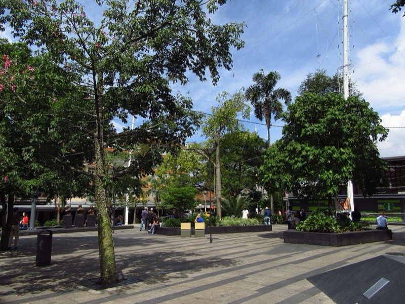 Trees, planters and benches in the Parque Principal of Envigado on a sunny day